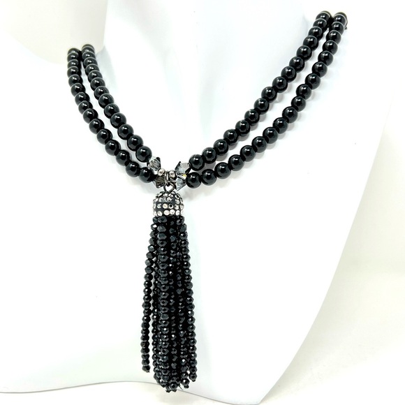 Twinkling tassle w/ 2 strand jasper necklace w/ crystal + earrings & bracelet - Picture 1 of 9